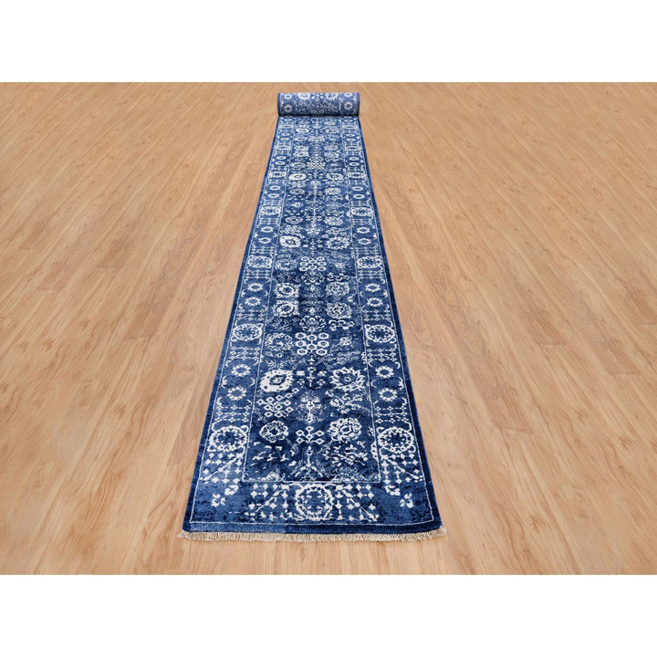 2'6" x 23'10" New Hand Knotted Blue Wool & Silk Runner Oriental Rug - MOA10263605