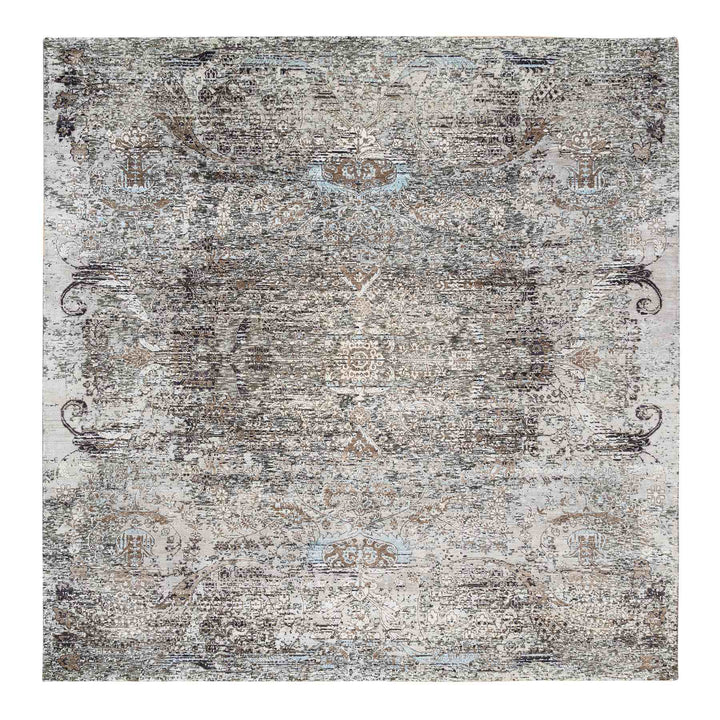 8'0" x 8'1" New Hand Knotted Grey Wool & Silk Square Oriental Rug - MOA10263684