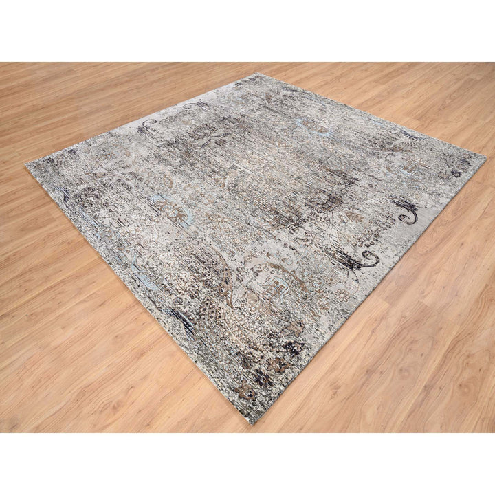 8'0" x 8'1" New Hand Knotted Grey Wool & Silk Square Oriental Rug - MOA10263684