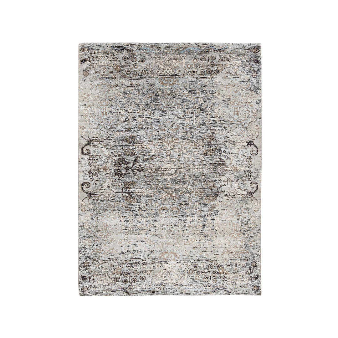 4'1" x 6'0" New Hand Knotted Grey Wool & Silk Rectangle Oriental Rug - MOA10263694