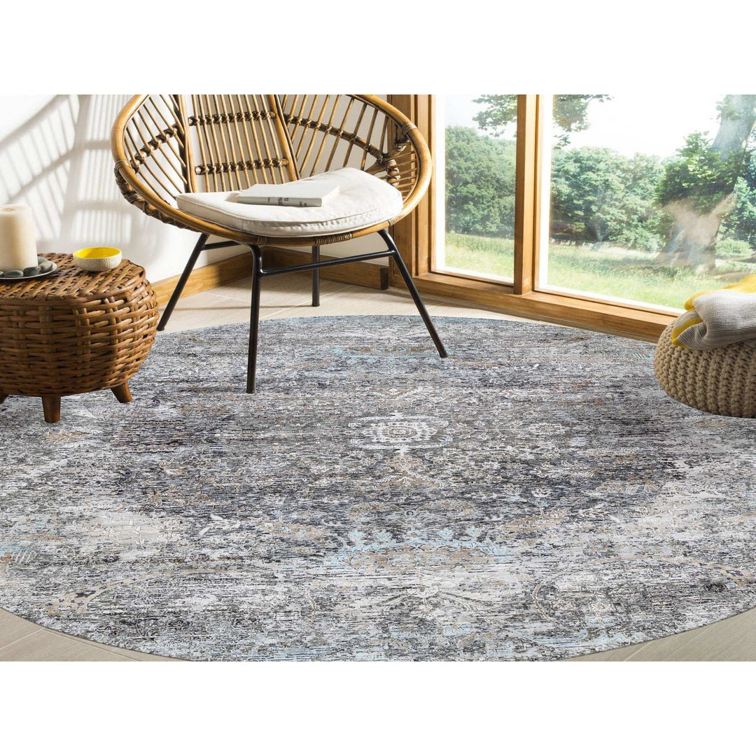 11'10" x 11'10" New Hand Knotted Grey Wool & Silk Round Oriental Rug - MOA10263726