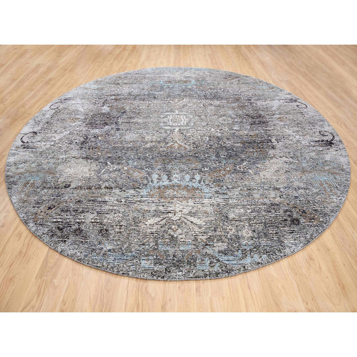 11'10" x 11'10" New Hand Knotted Grey Wool & Silk Round Oriental Rug - MOA10263726