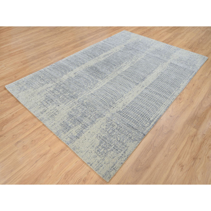 6'0" x 9'0" New Hand Loomed Grey Wool & Silk Rectangle Oriental Rug - MOA10263753