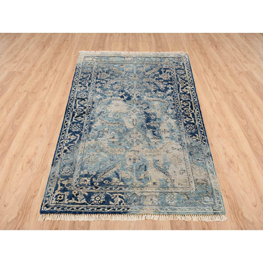 3'1" x 5'0" New Hand Knotted Blue Wool & Silk Rectangle Oriental Rug - MOA10263880