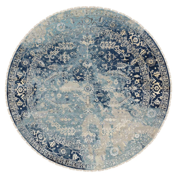 11'10" x 11'10" New Hand Knotted Blue Wool & Silk Round Oriental Rug - MOA10263893