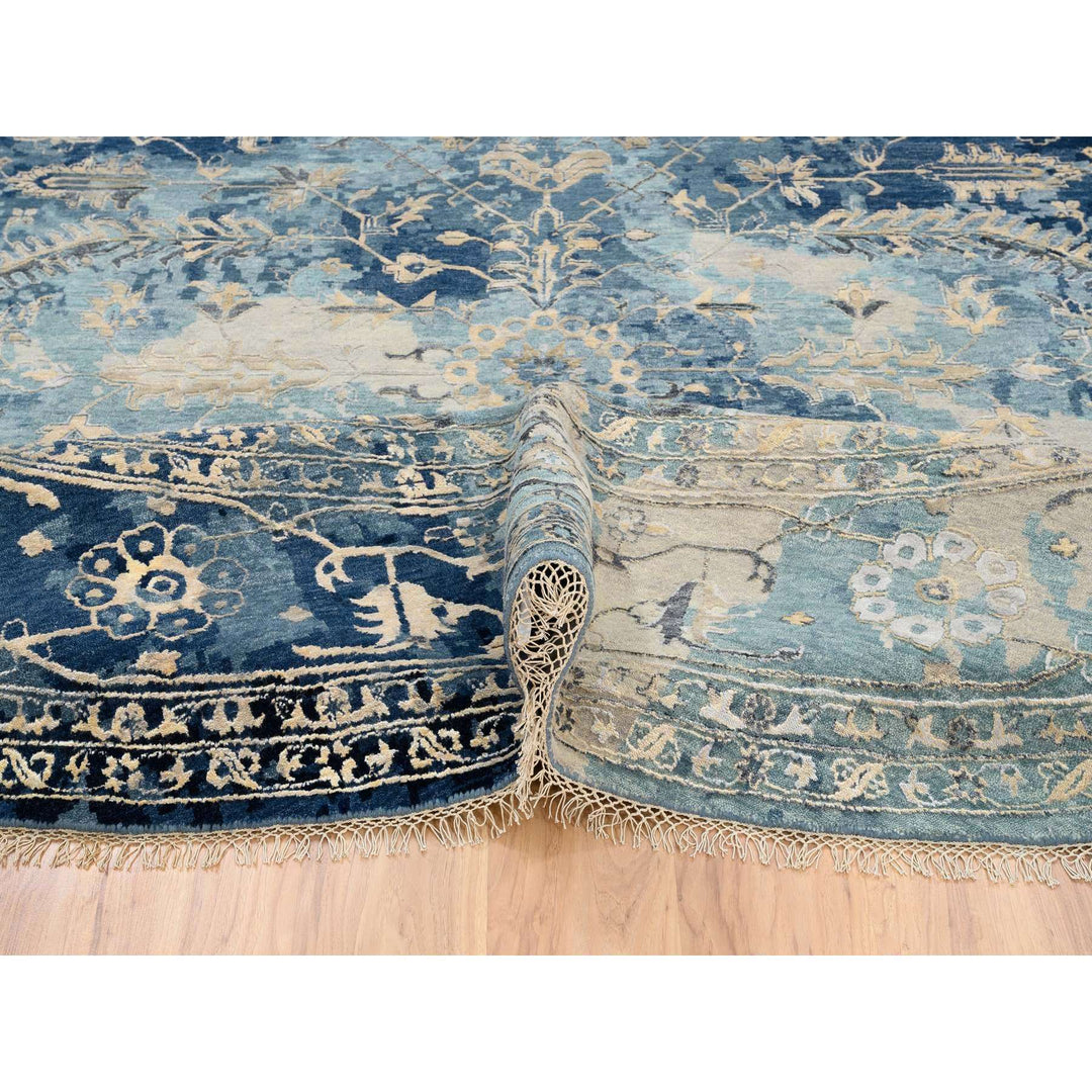 11'10" x 11'10" New Hand Knotted Blue Wool & Silk Round Oriental Rug - MOA10263893