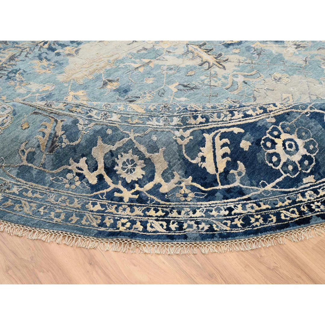 11'10" x 11'10" New Hand Knotted Blue Wool & Silk Round Oriental Rug - MOA10263893