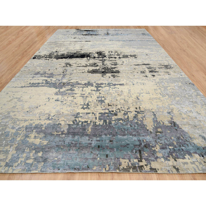 12'0" x 17'9" New Hand Knotted Grey Wool & Silk Rectangle Oriental Rug - MOA10263895