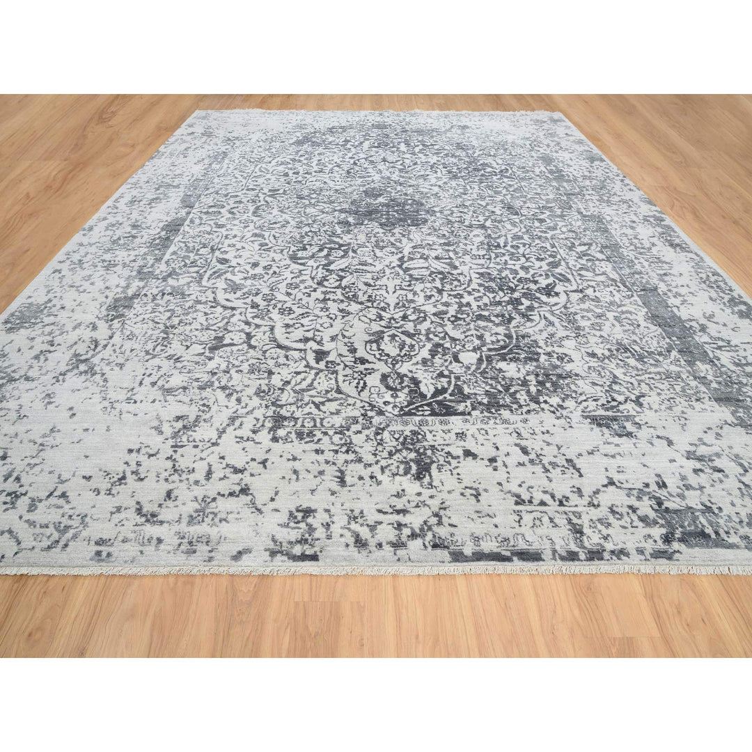 12'1" x 15'1" New Hand Knotted Grey Wool & Silk Rectangle Oriental Rug - MOA10264054