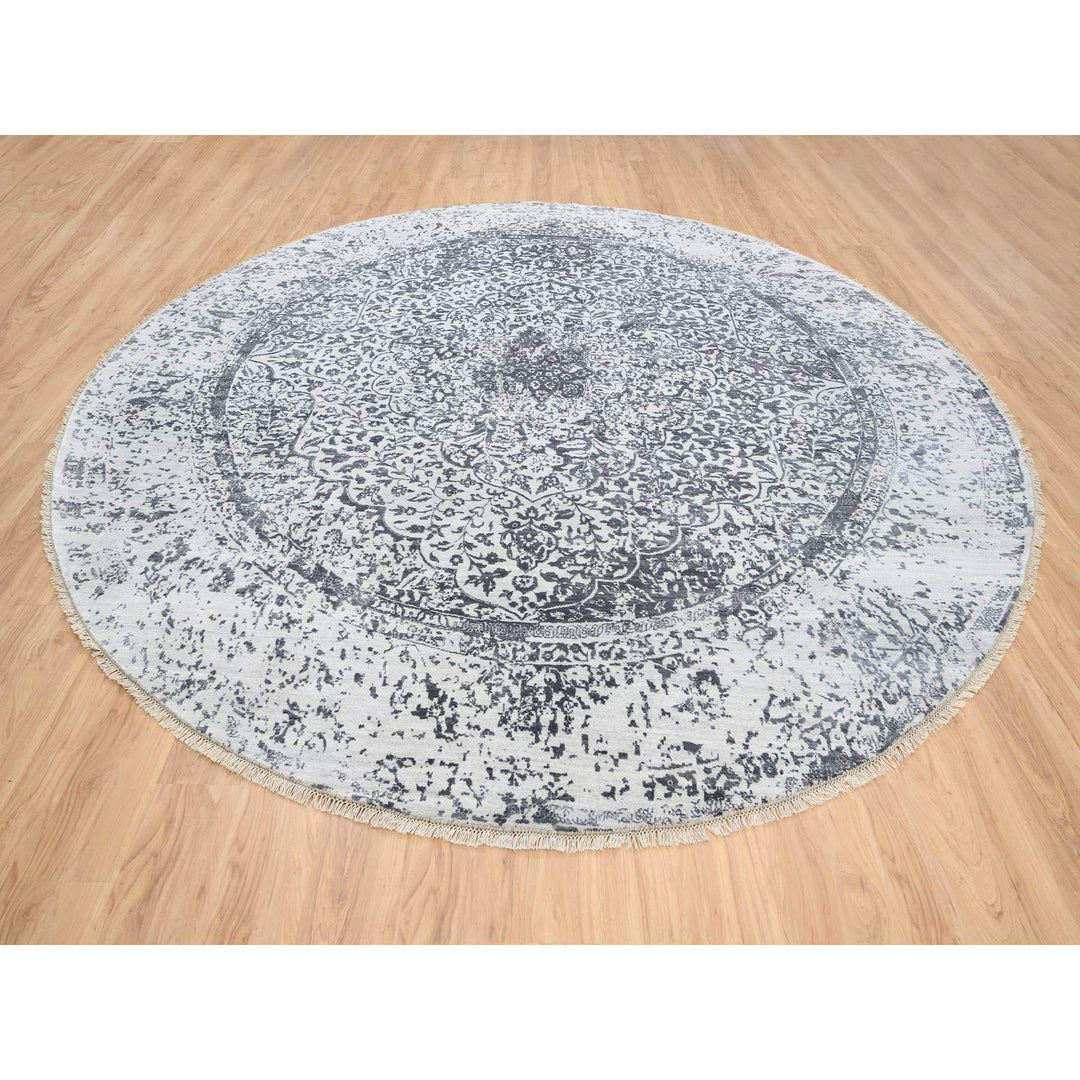 11'9" x 11'9" New Hand Knotted Grey Wool & Silk Round Oriental Rug - MOA10264058