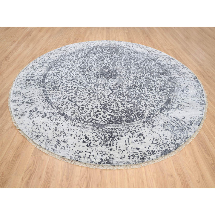 11'9" x 11'9" New Hand Knotted Grey Wool & Silk Round Oriental Rug - MOA10264058