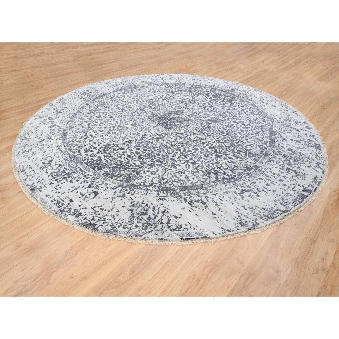 11'9" x 11'9" New Hand Knotted Grey Wool & Silk Round Oriental Rug - MOA10264058