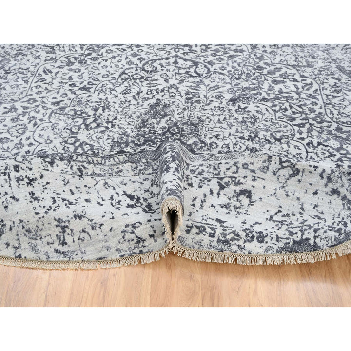 11'9" x 11'9" New Hand Knotted Grey Wool & Silk Round Oriental Rug - MOA10264058