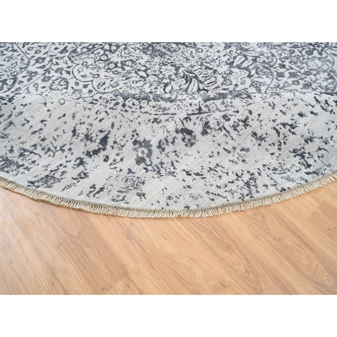 11'9" x 11'9" New Hand Knotted Grey Wool & Silk Round Oriental Rug - MOA10264058