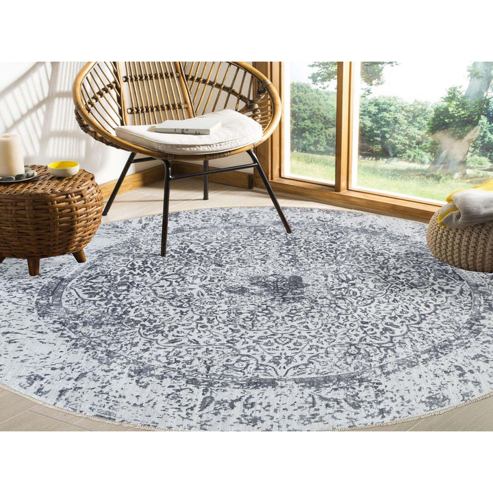 9'9" x 9'9" New Hand Knotted Grey Wool & Silk Round Oriental Rug - MOA10264059