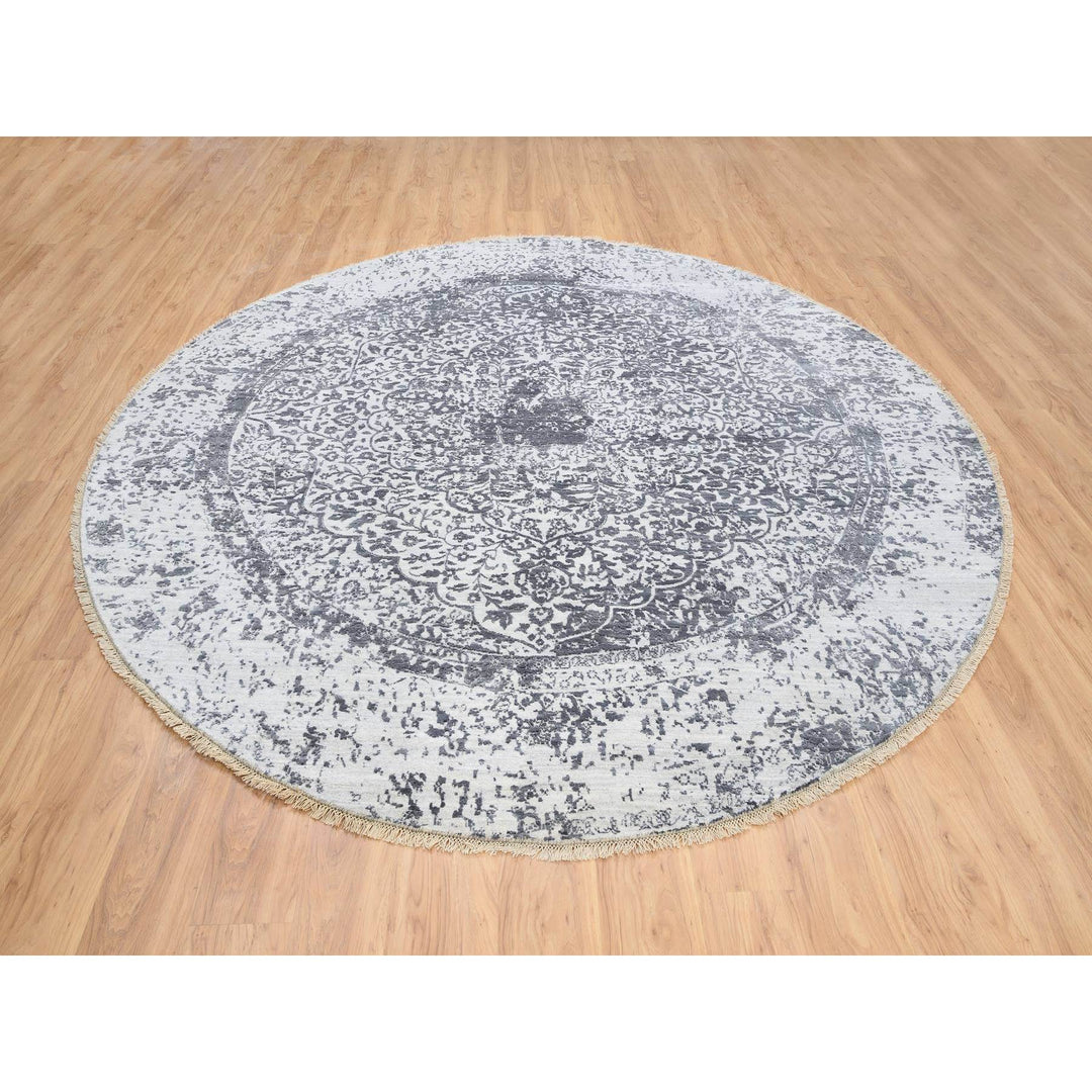 9'9" x 9'9" New Hand Knotted Grey Wool & Silk Round Oriental Rug - MOA10264059