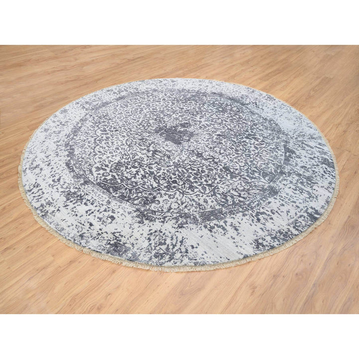 9'9" x 9'9" New Hand Knotted Grey Wool & Silk Round Oriental Rug - MOA10264059