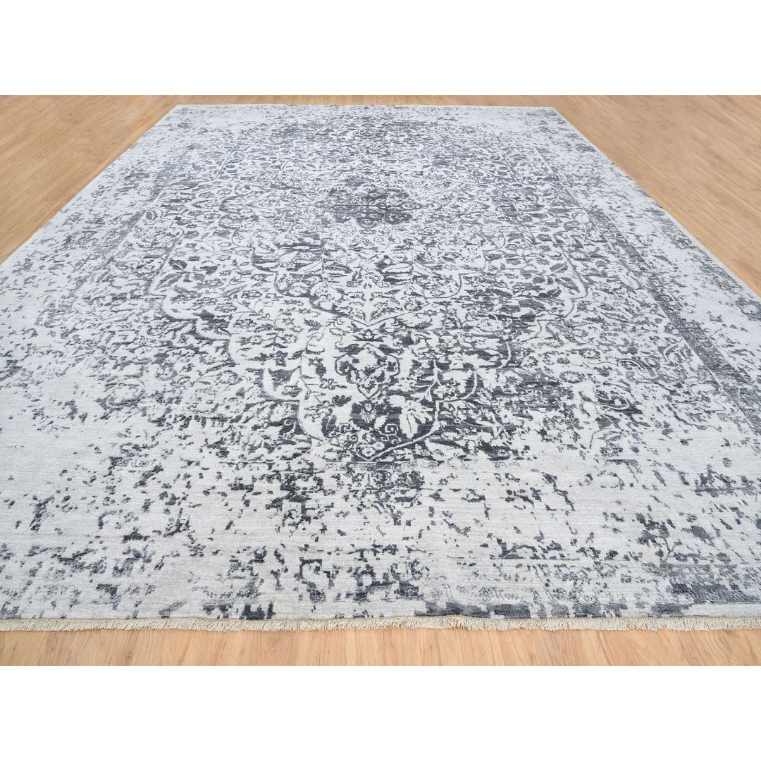 14'2" x 18'0" New Hand Knotted Grey Wool & Silk Rectangle Oriental Rug - MOA10264083