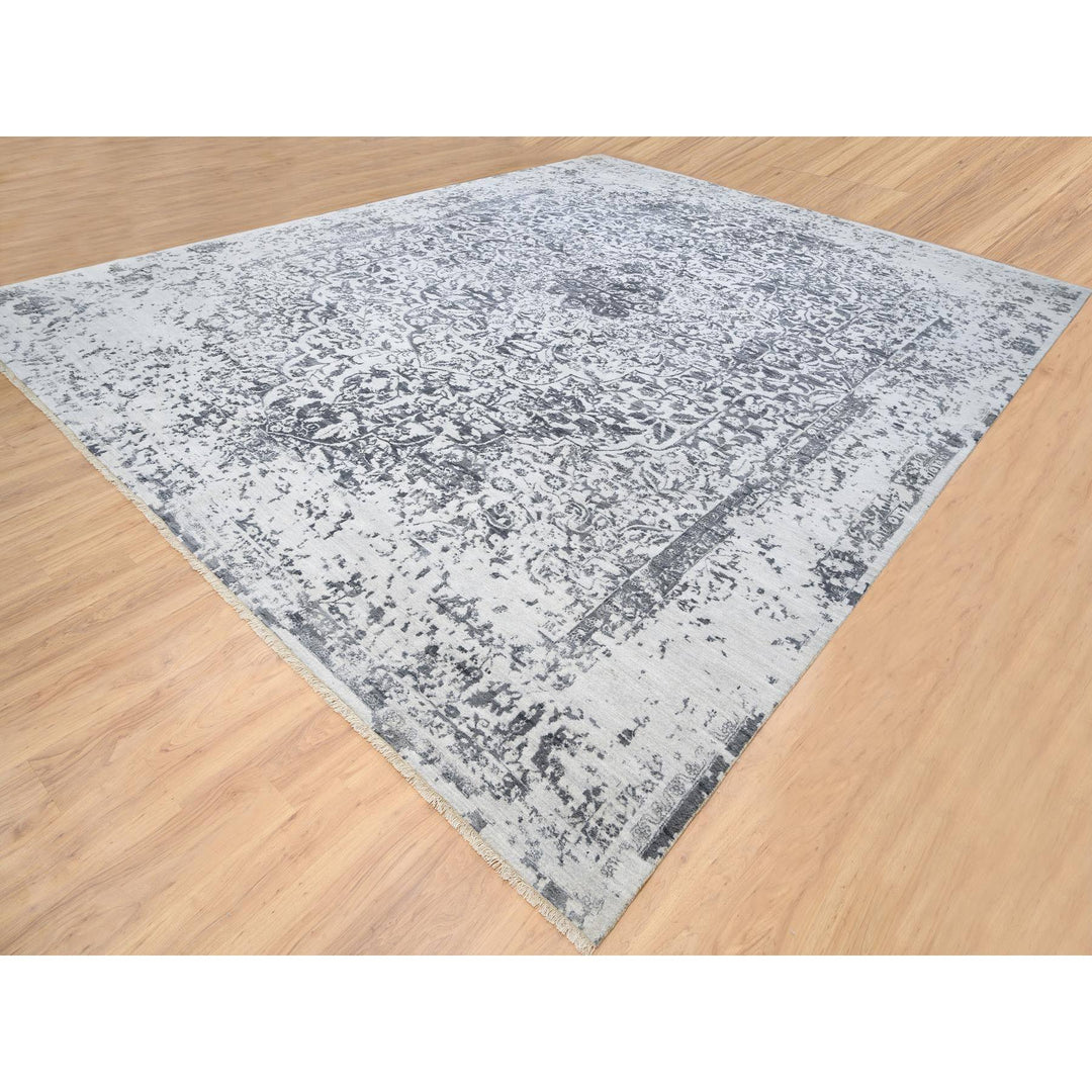 14'2" x 18'0" New Hand Knotted Grey Wool & Silk Rectangle Oriental Rug - MOA10264083