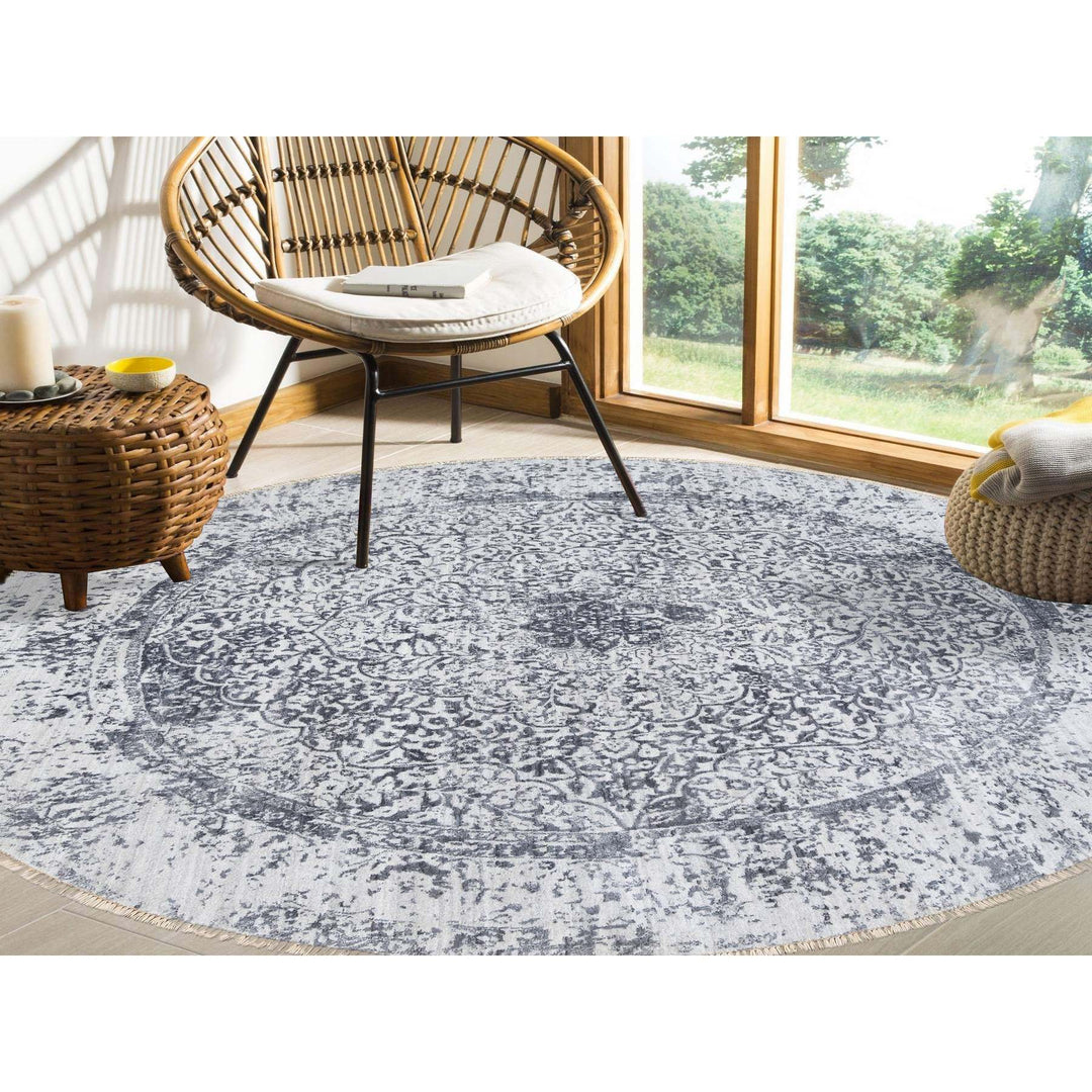 7'10" x 7'10" New Hand Knotted Grey Wool & Silk Round Oriental Rug - MOA10264086