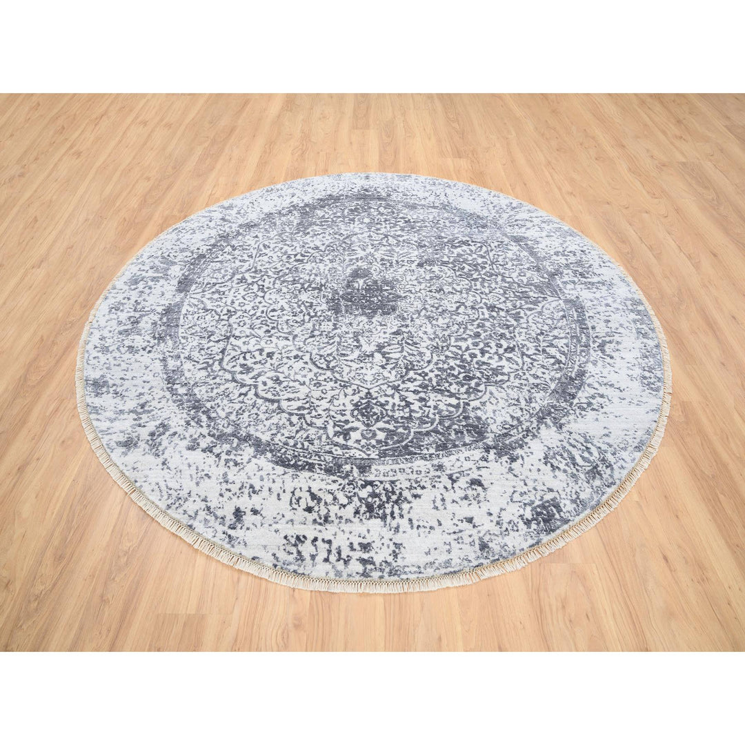 7'10" x 7'10" New Hand Knotted Grey Wool & Silk Round Oriental Rug - MOA10264086