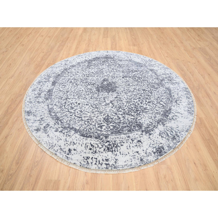 7'10" x 7'10" New Hand Knotted Grey Wool & Silk Round Oriental Rug - MOA10264086