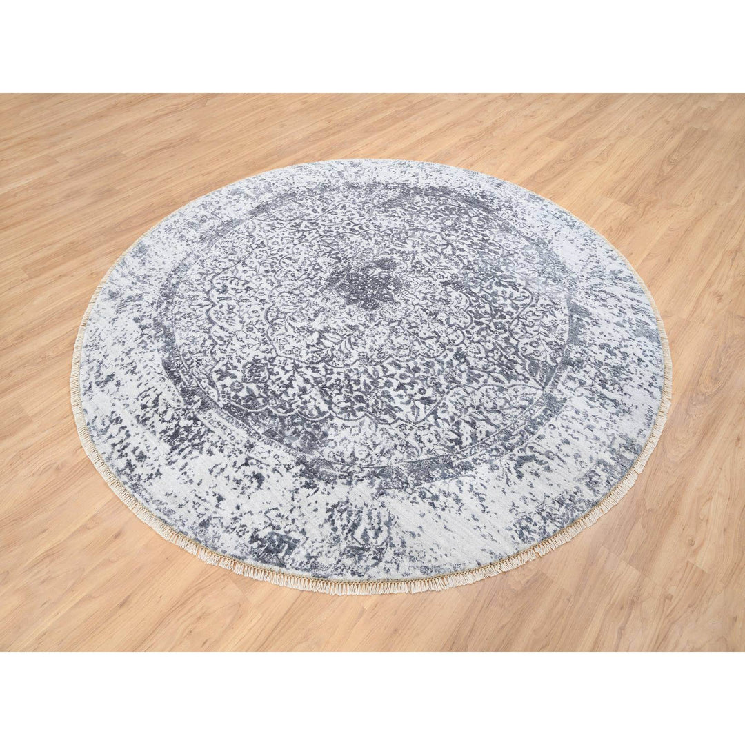 7'10" x 7'10" New Hand Knotted Grey Wool & Silk Round Oriental Rug - MOA10264086