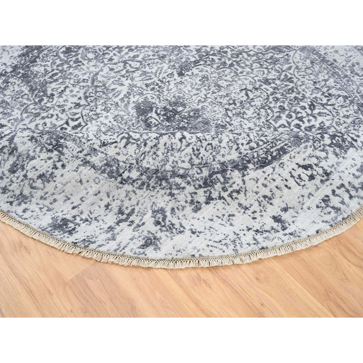 7'10" x 7'10" New Hand Knotted Grey Wool & Silk Round Oriental Rug - MOA10264086