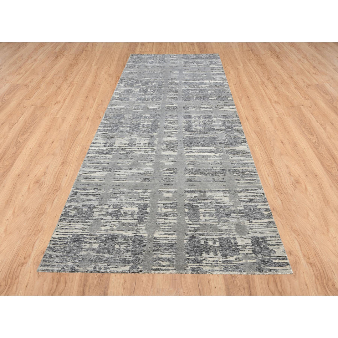 4'1" x 12'0" New Hand Knotted Grey Wool Runner Oriental Rug - MOA10264156