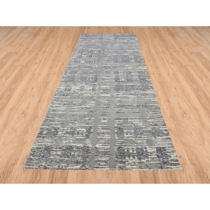 4'1" x 12'0" New Hand Knotted Grey Wool Runner Oriental Rug - MOA10264156