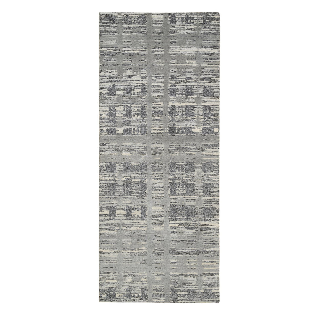 4'2" x 10'1" New Hand Knotted Grey Wool Runner Oriental Rug - MOA10264157