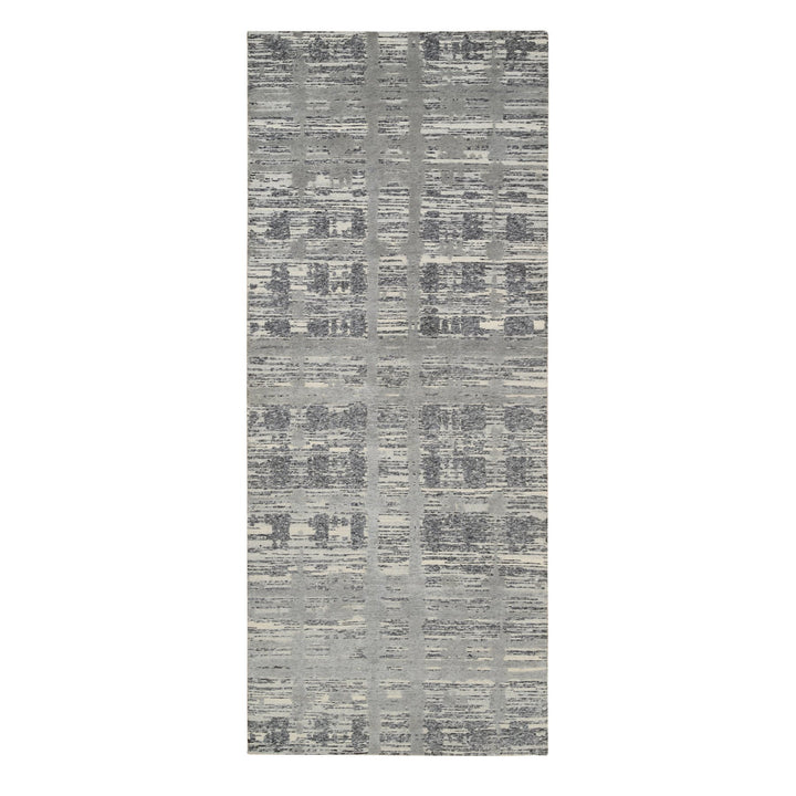 4'2" x 10'1" New Hand Knotted Grey Wool Runner Oriental Rug - MOA10264157