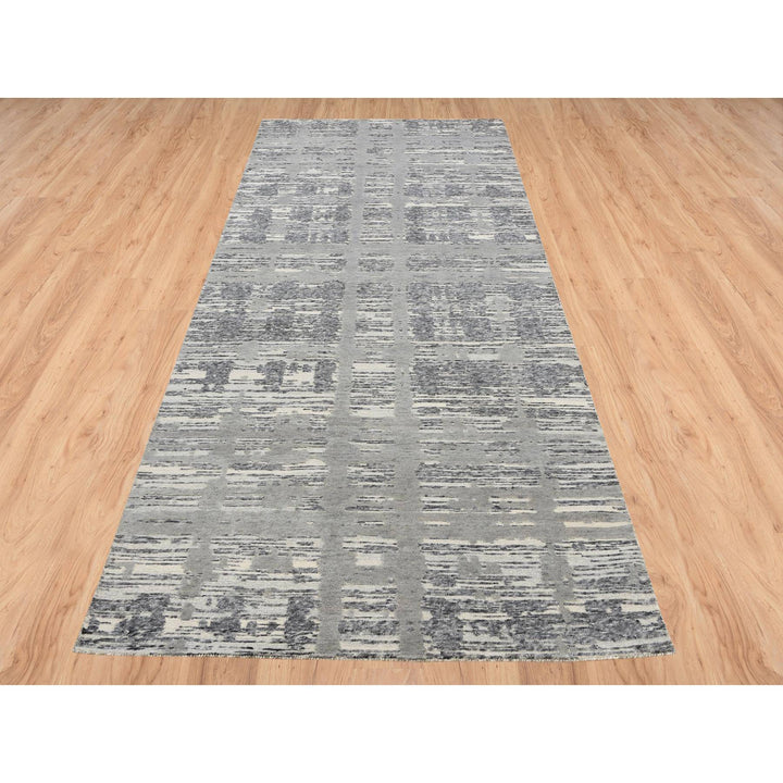 4'2" x 10'1" New Hand Knotted Grey Wool Runner Oriental Rug - MOA10264157