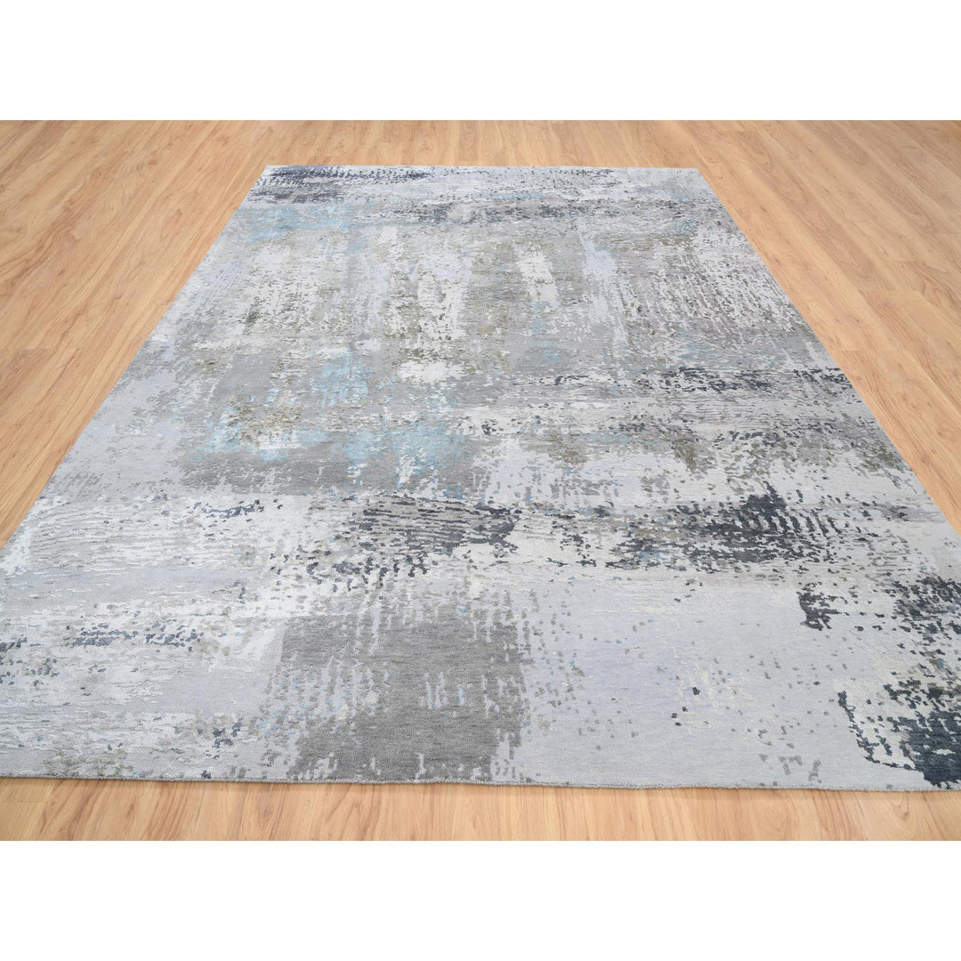 9'0" x 11'10" New Hand Knotted Grey Wool & Silk Rectangle Oriental Rug - MOA10264183