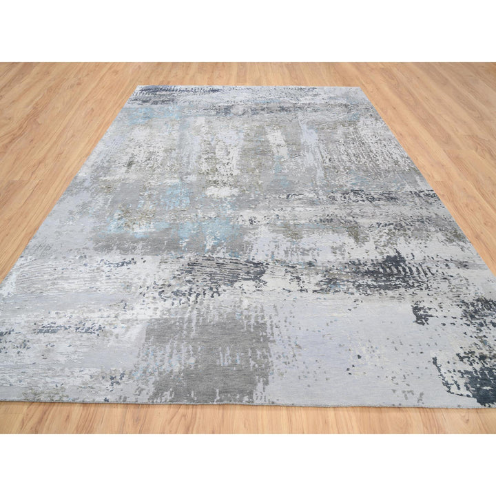 9'0" x 11'10" New Hand Knotted Grey Wool & Silk Rectangle Oriental Rug - MOA10264183