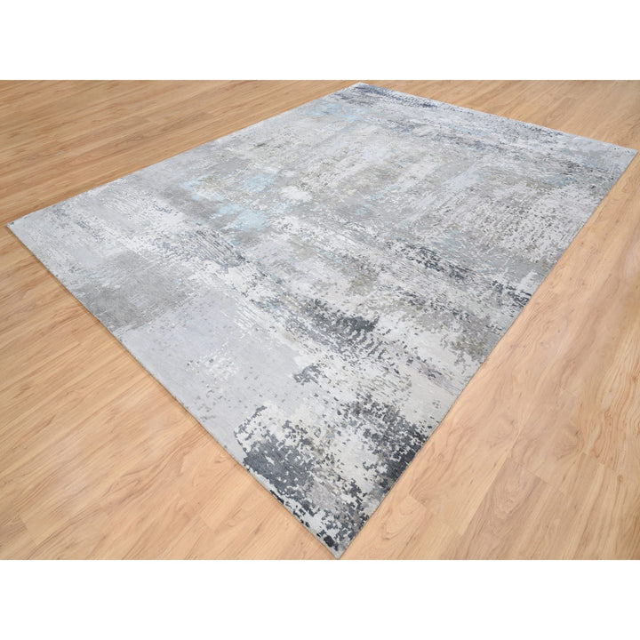 9'0" x 11'10" New Hand Knotted Grey Wool & Silk Rectangle Oriental Rug - MOA10264183