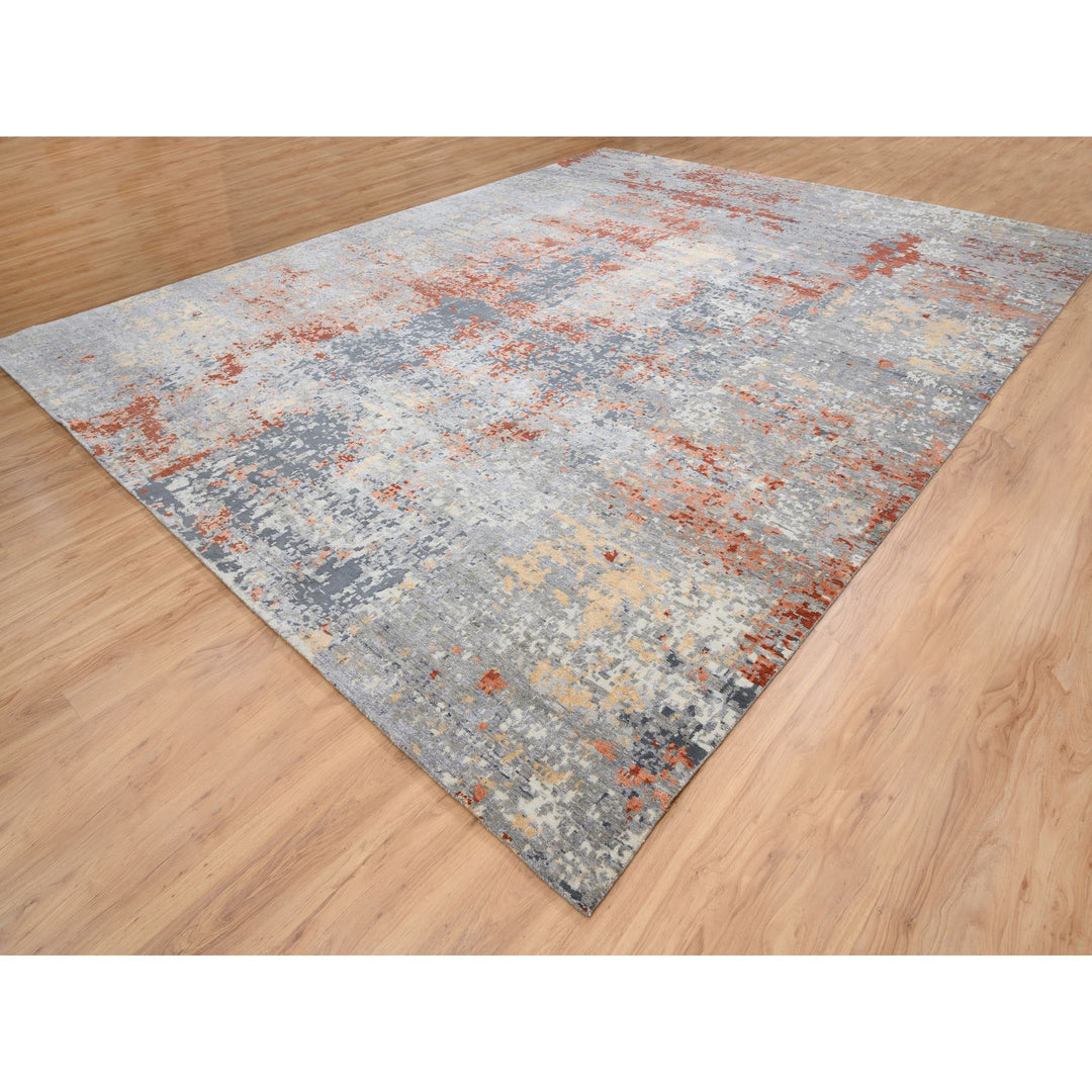 12'0" x 15'3" New Hand Knotted Grey Wool & Silk Rectangle Oriental Rug - MOA10264224