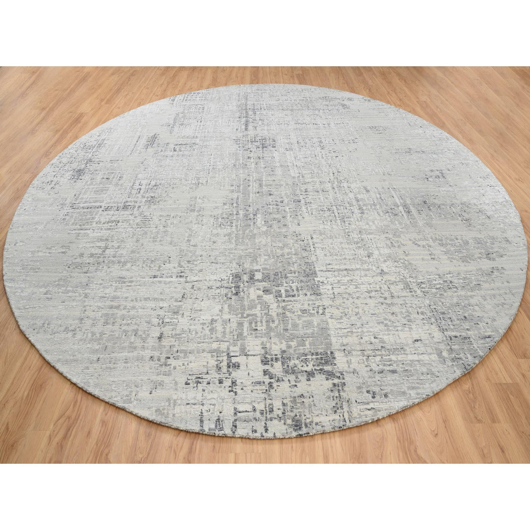 13'9" x 13'9" New Hand Knotted Grey Wool Round Oriental Rug - MOA10264232