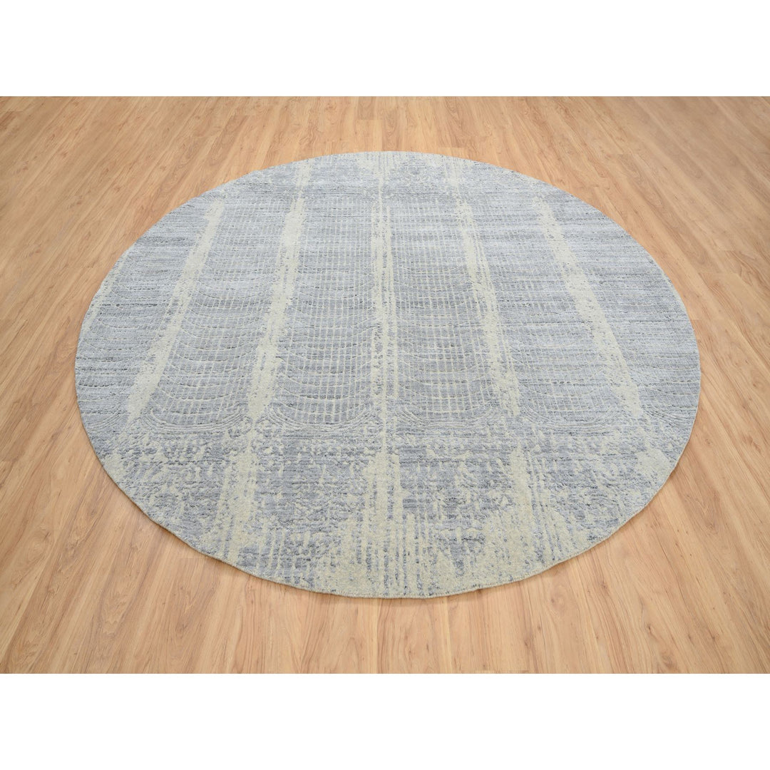 9'0" x 9'0" New Hand Loomed Grey Wool & Silk Round Oriental Rug - MOA10264309