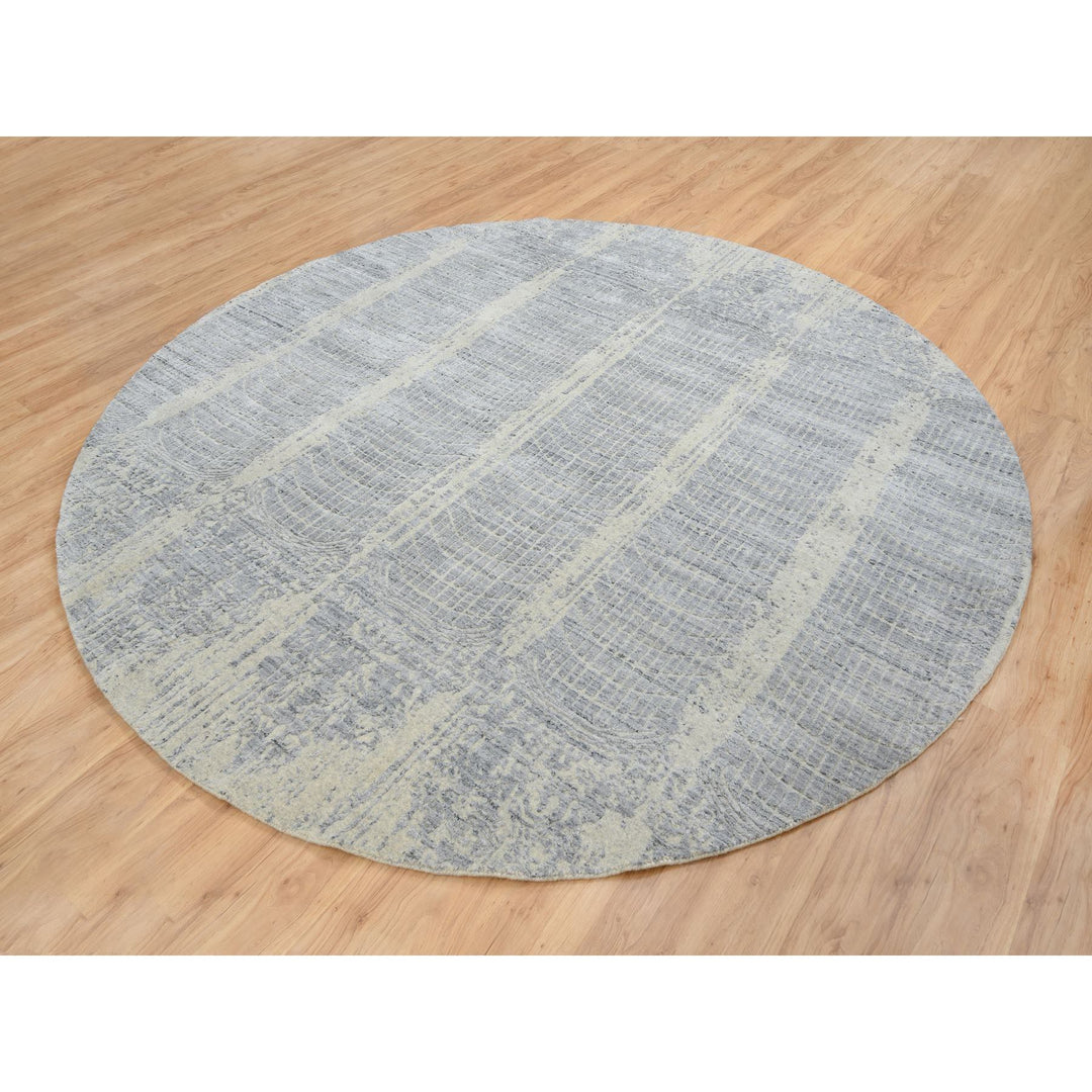 9'0" x 9'0" New Hand Loomed Grey Wool & Silk Round Oriental Rug - MOA10264309