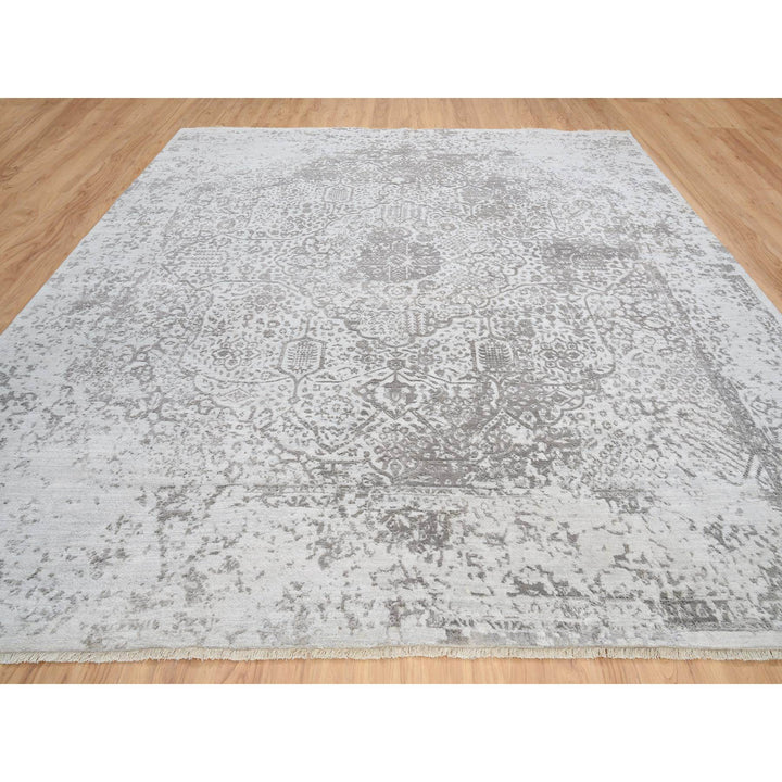 12'0" x 12'0" New Hand Knotted Grey Wool & Pure Silk Square Oriental Rug - MOA10264320