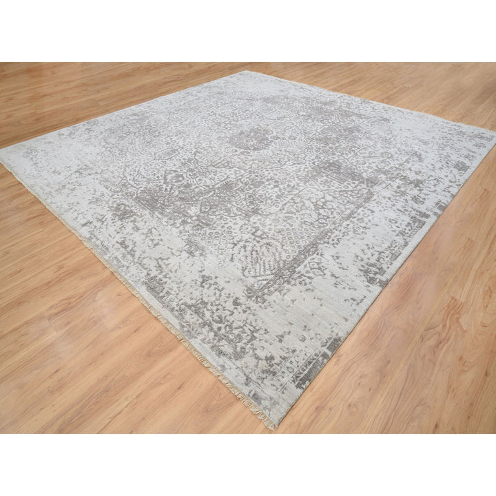 12'0" x 12'0" New Hand Knotted Grey Wool & Pure Silk Square Oriental Rug - MOA10264320