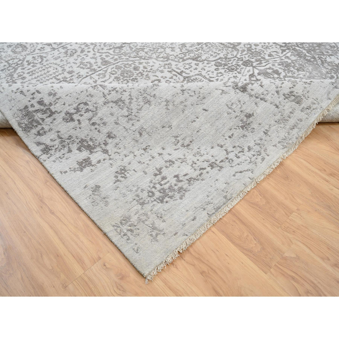 12'0" x 12'0" New Hand Knotted Grey Wool & Pure Silk Square Oriental Rug - MOA10264320