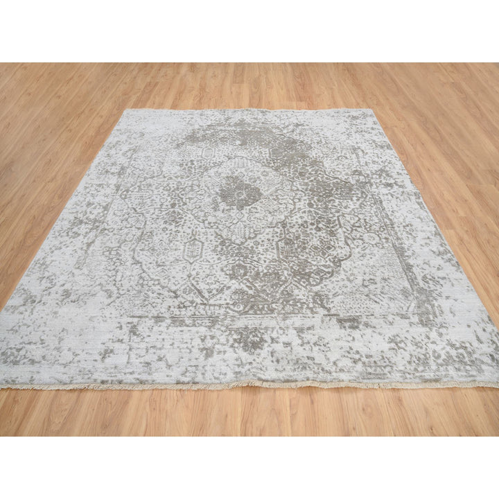 8'0" x 8'3" New Hand Knotted Grey Wool & Pure Silk Square Oriental Rug - MOA10264321