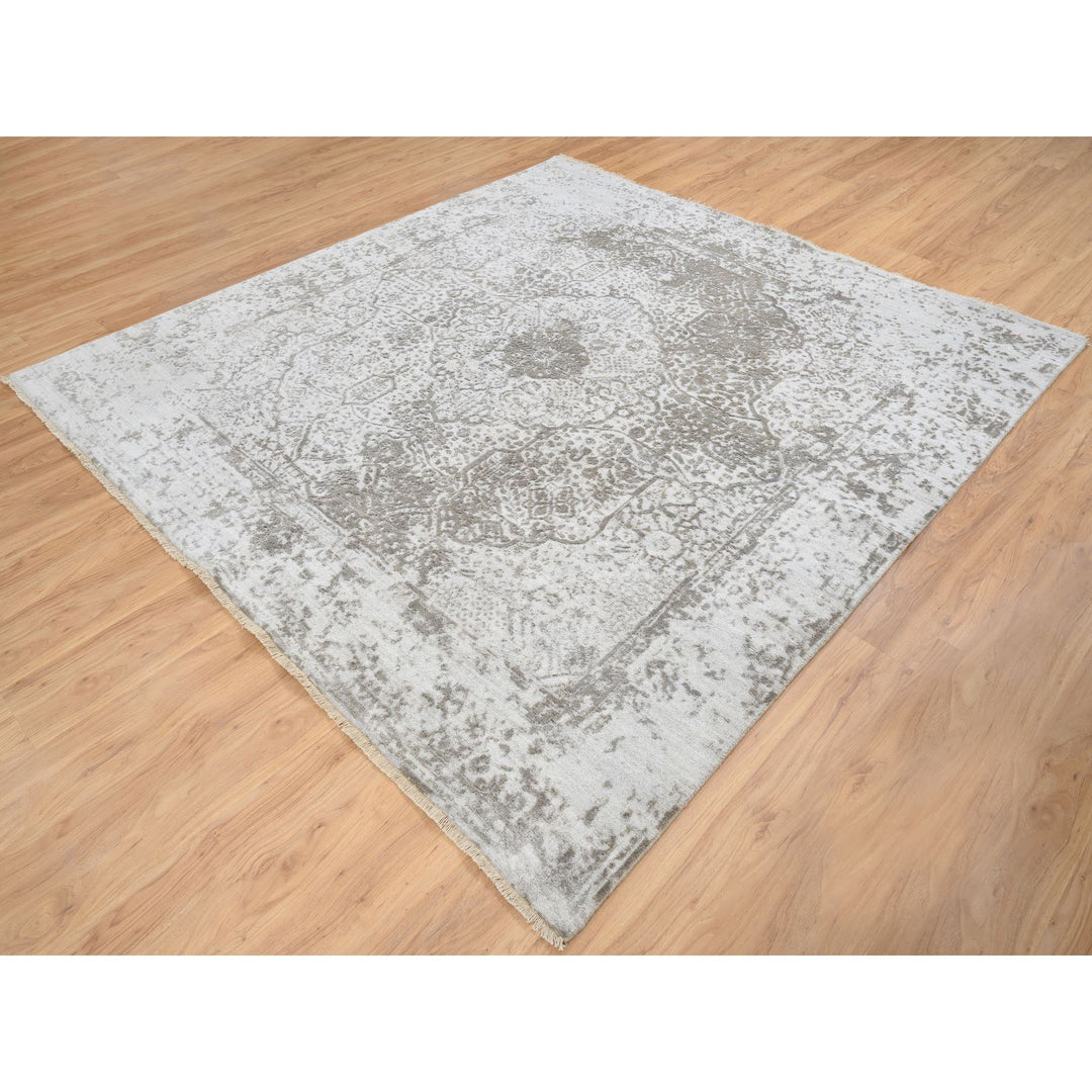 8'0" x 8'3" New Hand Knotted Grey Wool & Pure Silk Square Oriental Rug - MOA10264321