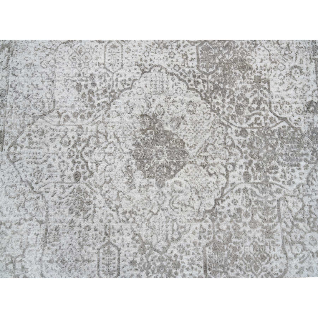 8'0" x 8'3" New Hand Knotted Grey Wool & Pure Silk Square Oriental Rug - MOA10264321