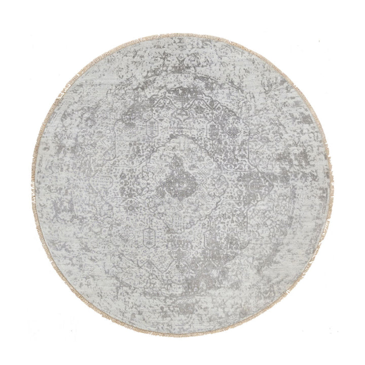 6'7" x 6'7" New Hand Knotted Grey Wool & Pure Silk Round Oriental Rug - MOA10264322