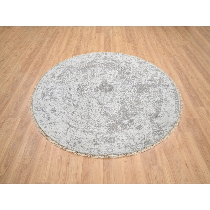 6'7" x 6'7" New Hand Knotted Grey Wool & Pure Silk Round Oriental Rug - MOA10264322