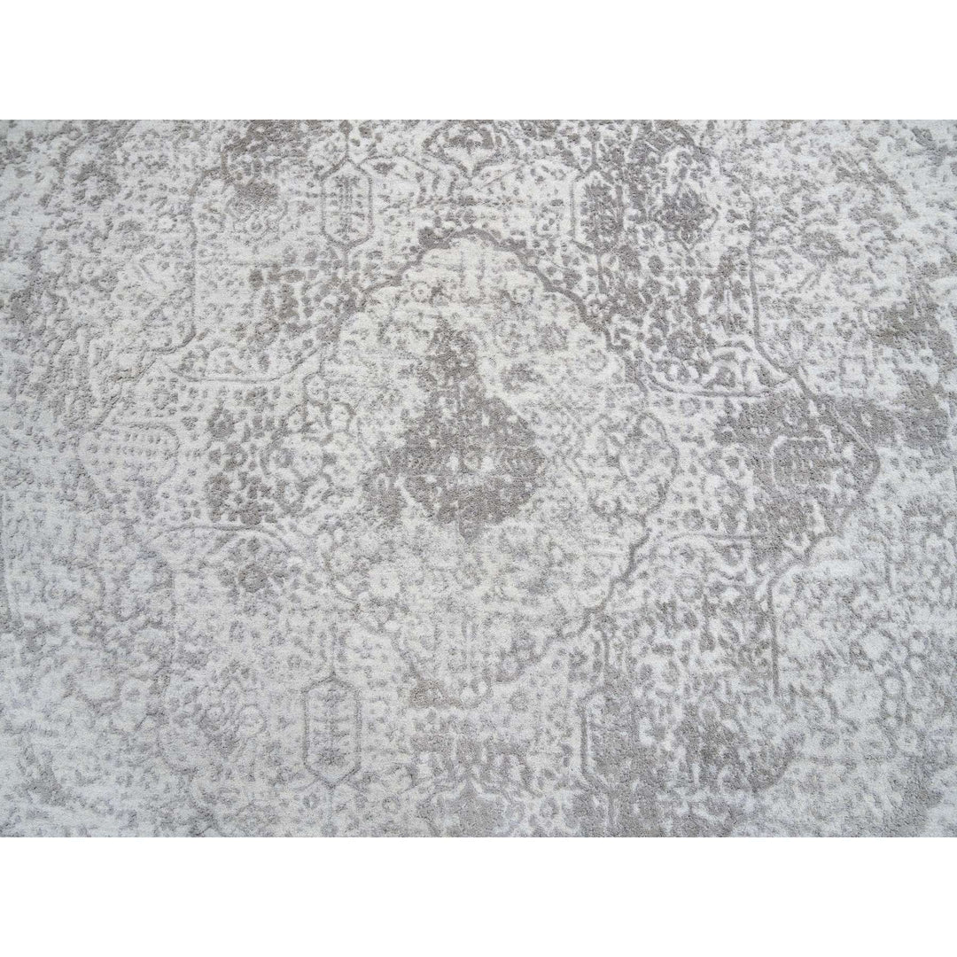 6'7" x 6'7" New Hand Knotted Grey Wool & Pure Silk Round Oriental Rug - MOA10264322