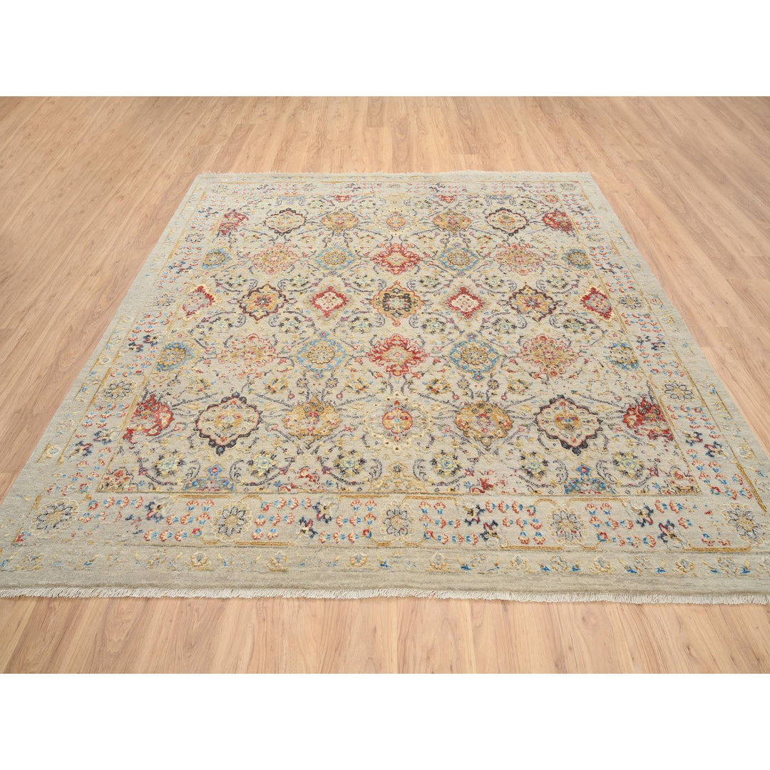 8'0" x 8'1" New Hand Knotted Beige Wool & Pure Silk Square Oriental Rug - MOA10264330